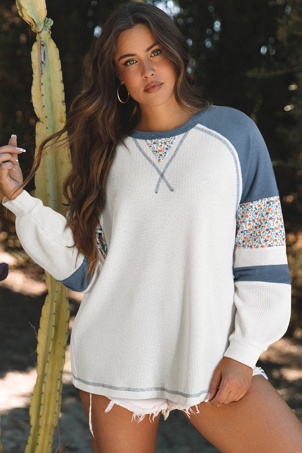 Coastal Bloom Waffle Knit Raglan Top