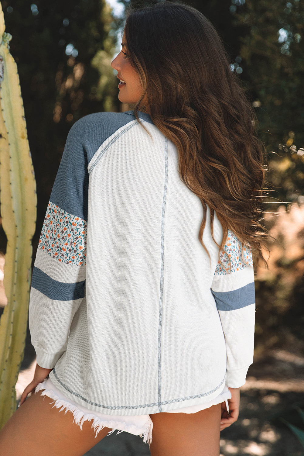 Coastal Bloom Waffle Knit Raglan Top